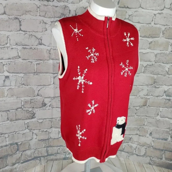 Vintage 90s Embroidered Knit Full Zip Vest Polar Bears Red Large cleo - Picture 6 of 15